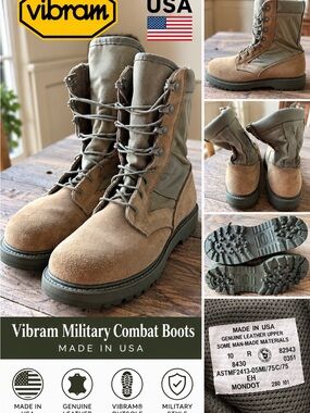 US Military Combat Boots Size 10R Made in USA Vibram Sole Leather Tan Olive 8430